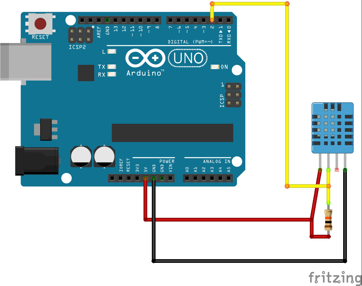 A DHT11 wired to an Arduino Uno: VCC to 5V, data to pin 2 with a 10k resistor up to 5V, and GND to ground.