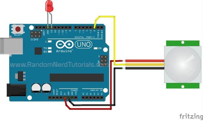 An HC-SR501 PIR module wired to an Arduino Uno: VCC to 5V, OUT to pin 2, GND to ground, with an LED on pin 13.