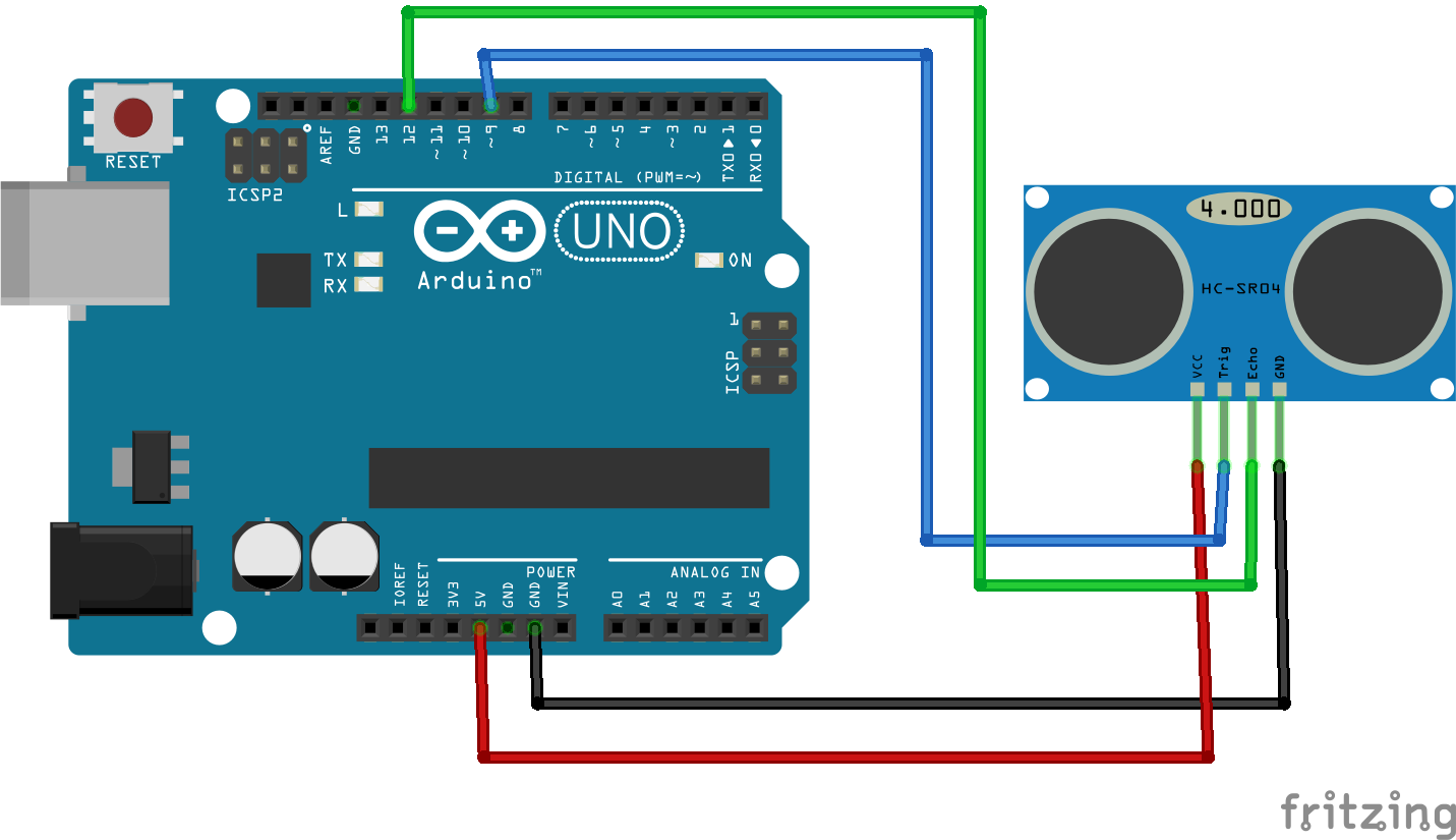 An HC-SR04 wired to an Arduino Uno with VCC to 5V, TRIG to pin 11, ECHO to pin 12 and GND to ground.